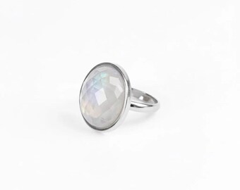 AYA Faceted Rainbow Moonstone Statement Ring Silver