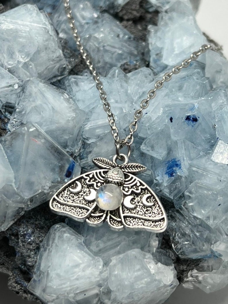 Moon Moth Necklace, Moonstone Necklace Silver chain, handmade gift, cancer zodiac gifts, teacher gifts, bff necklace, kawaii necklace