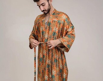 Mens Orange Blue Floral Silk Long Kimono Robe