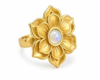 RISE Rainbow Moonstone Lotus Flower Ring Gold