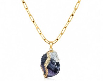 ELARION Raw Rainbow Fluorite Pendant Paperclip Chain Necklace Gold