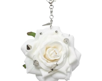 Large White Rose Flower Chain Purse Key chain, car key chain for women, Handmade Stainless Steel Bag Charm, Heart Shaped Clasp, Point Charm