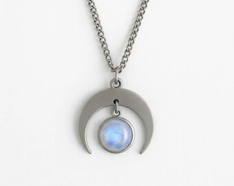 MOON SHADOW Rainbow Moonstone Crescent Moon Necklace Silver