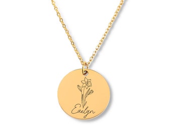 Personalised Name & Birth Flower Necklace, handmade unique timeless meaningful thoughtful, gold, silver, rose gold birthday gifts