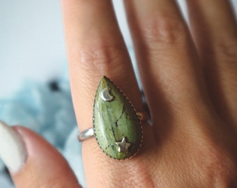 Imperial Opal 925 Celestial Silver Ring, green swiss opal, teardrop shape crystal jewelry, bali style gemstone jewellery, handmade gifts