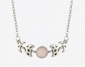 MOON PHASES Rose Quartz Necklace Silver