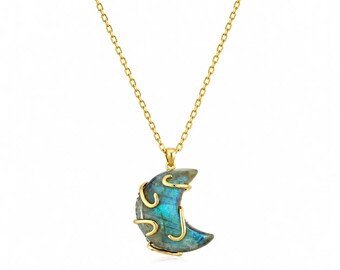 Labradorite Crescent Moon Necklace Gold 925 Silver