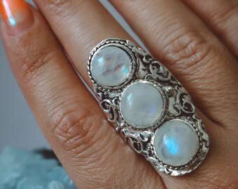 Rainbow Moonstone Statement Ring Silver,  boho chic style, bohemian vintage handmade jewelry, cancer zodiac unique gift jewellery