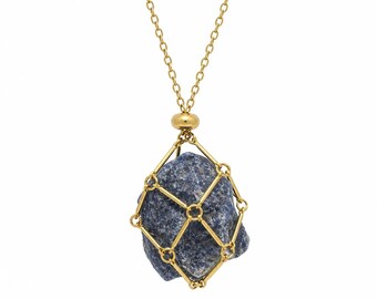 AZUREA Raw Sodalite Stone Caged Pendant Necklace Gold