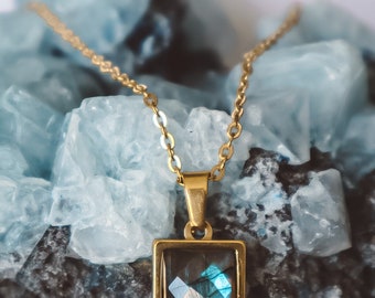 Labradorite Square Pendant Necklace Gold, faceted gemstone jewelry, handmade unique crystal jewellery, birthstone valentines day gift ideas
