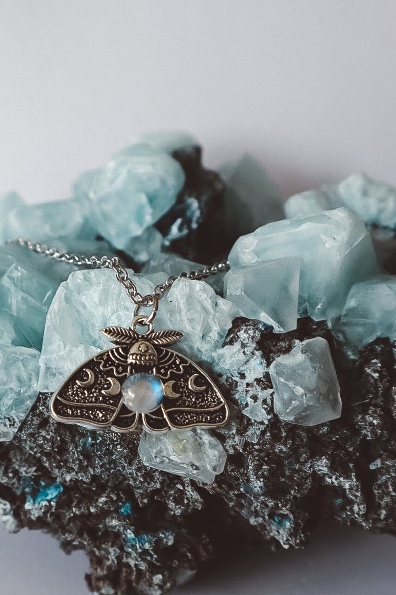 Moonstone Luna Moth Pendant Birthstones Necklace Silver, accessory chain jewelry, cancer zodiac charm, fairycore witchy style handmade gift image 7