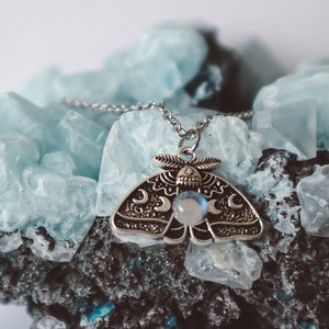 Moonstone Luna Moth Pendant Birthstones Necklace Silver, accessory chain jewelry, cancer zodiac charm, fairycore witchy style handmade gift image 5