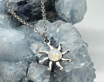 Rainbow Moonstone Sun Charm Pendant Necklace Silver, apollo sun necklace handmade gift, cancer zodiac gifts, teacher gifts