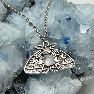 Moon Moth Necklace, Moonstone Necklace Silver chain, handmade gift, cancer zodiac gifts, teacher gifts, bff necklace, kawaii necklace