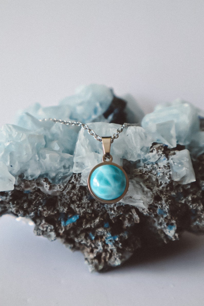 Blue Larimar Stone Minimalist Necklace Silver, ocean inspired style, crystal choker, gemstone gift for mom, handmade unique larimar pendant