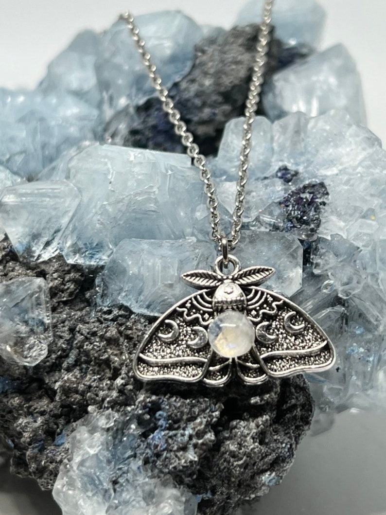 Moon Moth Necklace, Moonstone Necklace Silver chain, handmade gift, cancer zodiac gifts, teacher gifts, bff necklace, kawaii necklace