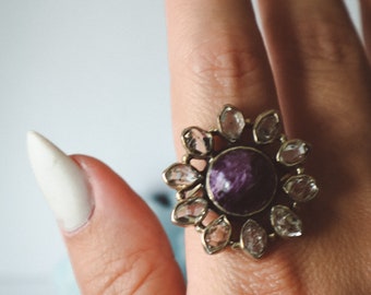 Charoite and Herkimer Diamond SunFlower Ring 925 Sterling Silver, Handmade One of a Kind Design, Bali Style Gemstone Jewelry