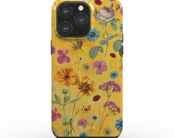 iPhone 15 14 13 Pro Case in Pressed Flowers Yellow, Cute Samsung Phone Cover, Unique Tough Case for Google Pixel, Valentines Day Gift Ideas
