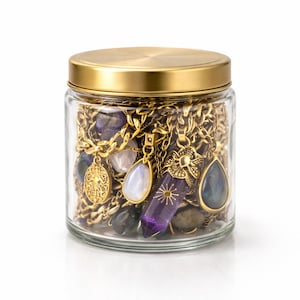 Barattolo portagioie misterioso placcato oro 18 carati, barattolo portagioie, gioielli con pietre portafortuna, regalo a sorpresa con pietre preziose in oro, gioielli a sorpresa, gioielli in scatola misteriosa