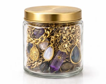 Barattolo portagioie misterioso placcato oro 18 carati, barattolo portagioie, gioielli con pietre portafortuna, regalo a sorpresa con pietre preziose in oro, gioielli a sorpresa, gioielli in scatola misteriosa