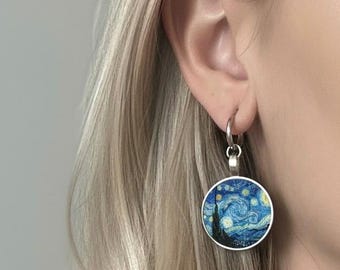 Starry Night Earrings Silver: Van Gogh Hoop Charm Earrings