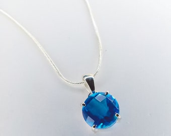 Blue Topaz Faceted Pendant Necklace 925 Sterling Silver, handmade bali style unique holiday gift, minimalist crystal jewelry