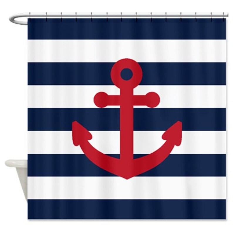 Nautical Shower Curtainnavy Blue and White Stripeshot Pink Etsy
