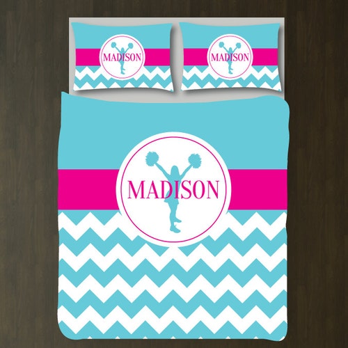 Cheer shops Duvet Cover-Shams-Monogrammed Name-Custom Bedding Set-Hot Pink-Black-White-Chevron-Customize Colors-Twin/Twin XL-Full/Queen-King-Size