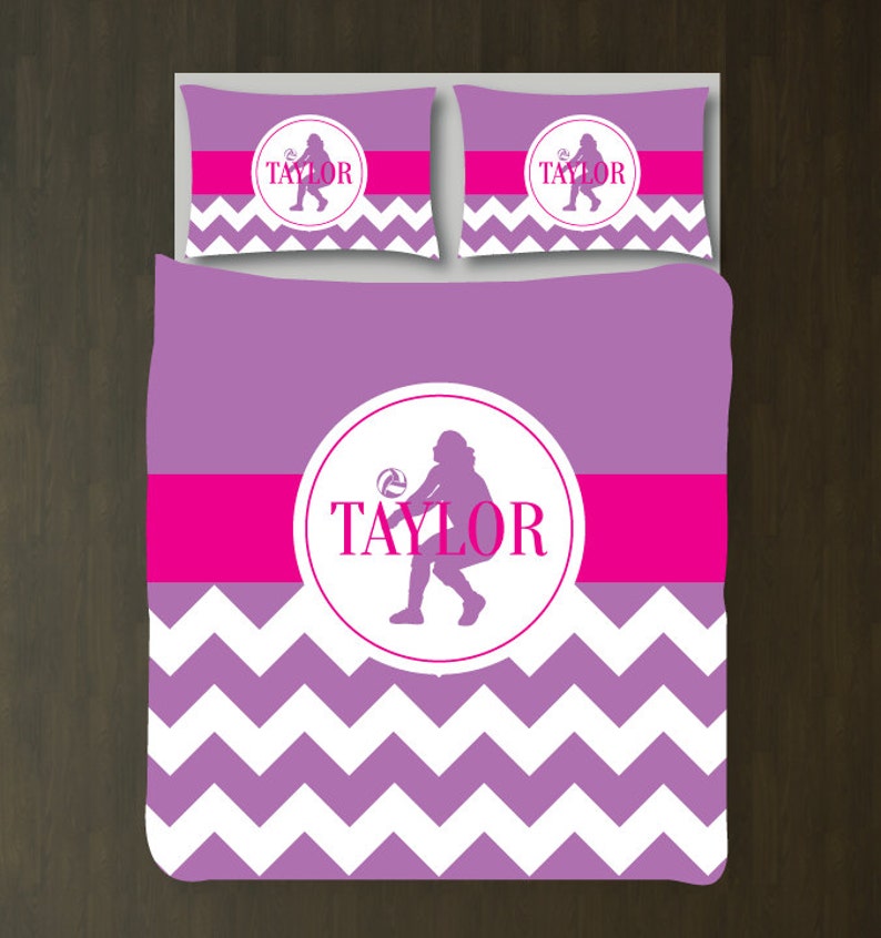 Monogrammed Name Grey Girl/'s Chevron Bedding Set King Size Aqua Volleyball Duvet Cover ANY Color White TwinTwin XL FullQueen