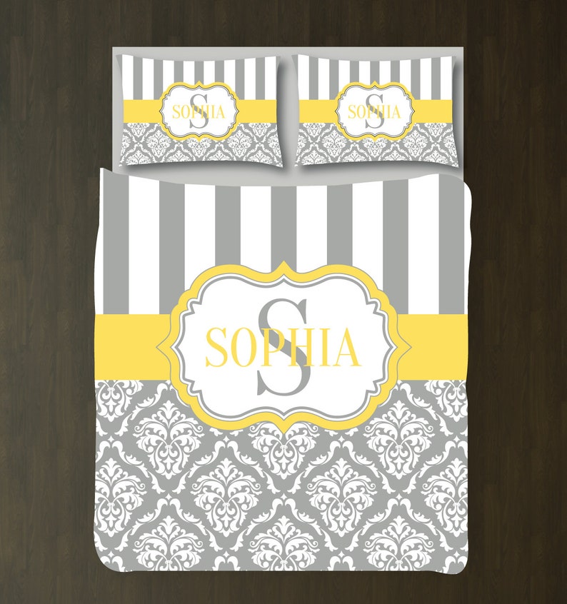 Damask Bedding Set W/stripesmonogrammed Namecustom Duvet Etsy
