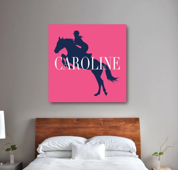 Horse Wall Art Girl S Equestrian Bedroom Decor Preppy Horse Canvas Pink Navy Blue White Any Color Monogrammed Name Sizes 8x8 To 40x40