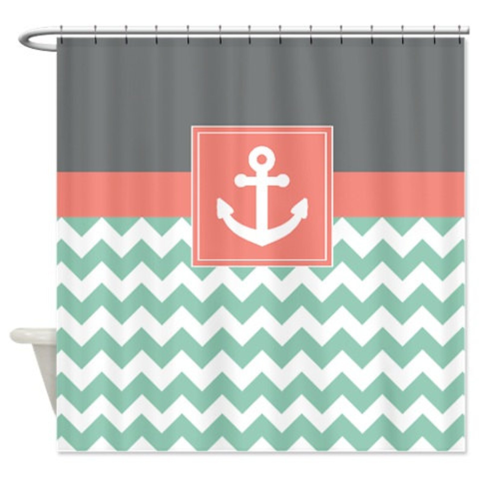Nautical Shower Curtainchevronanchortitaniumgrayed Etsy