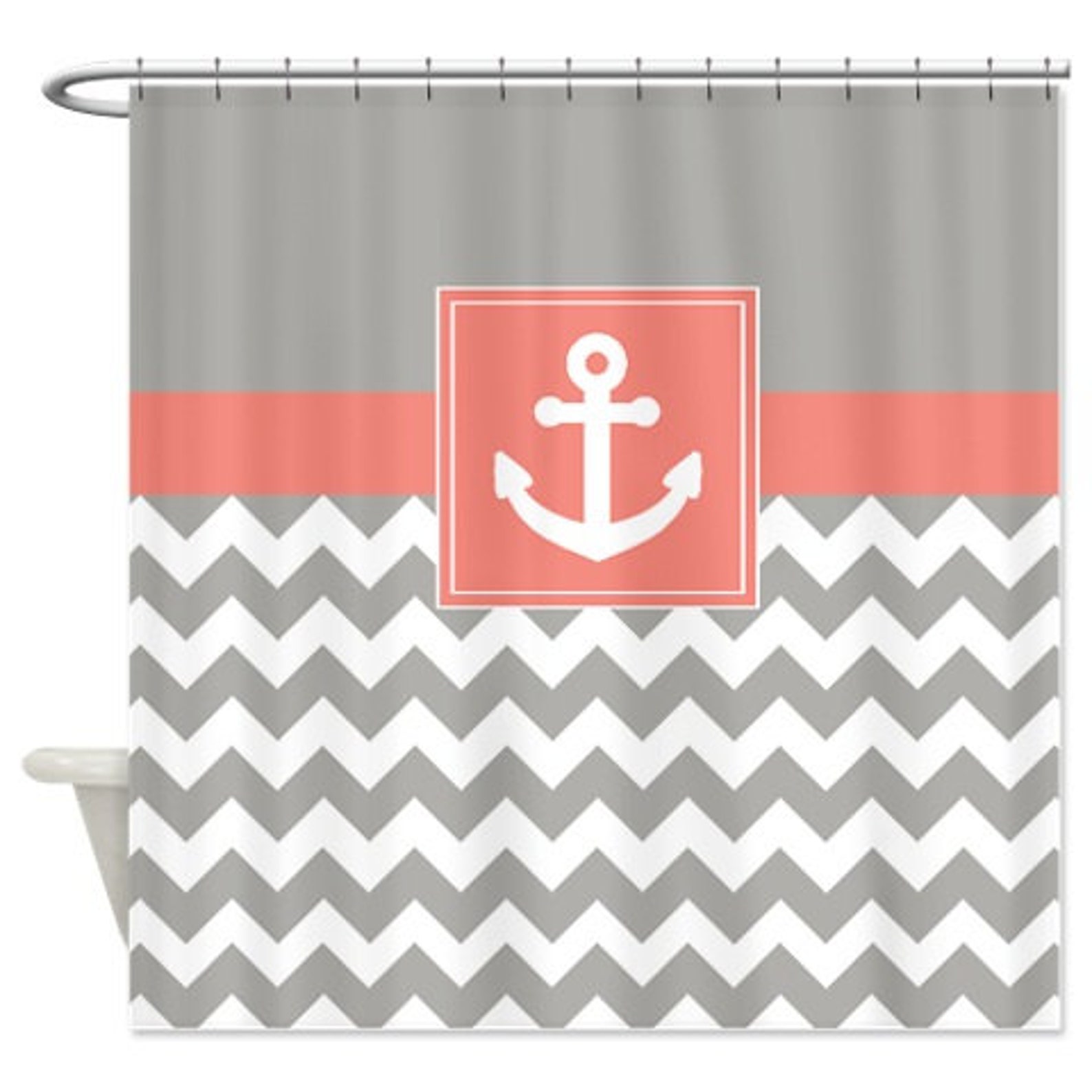Nautical Shower Curtainchevronanchortitaniumgrayed Etsy