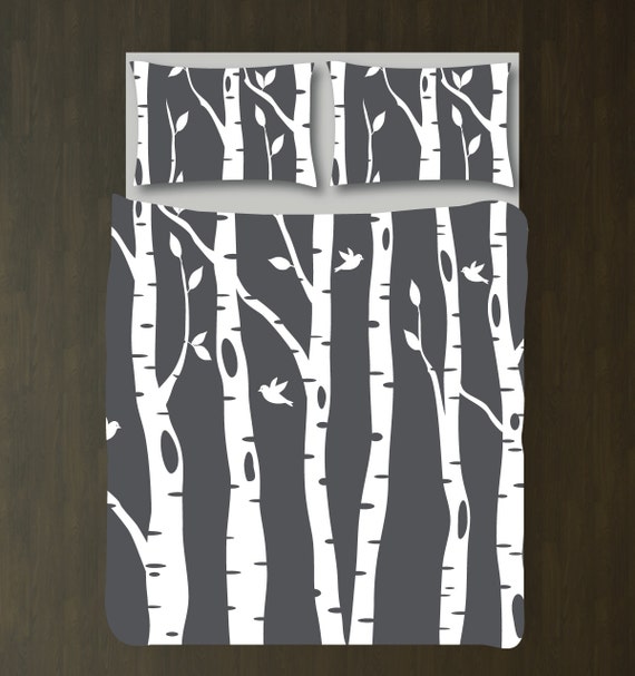 Custom Birch Tree Duvet Cover And Shams Bedding Set Charcoal Etsy
