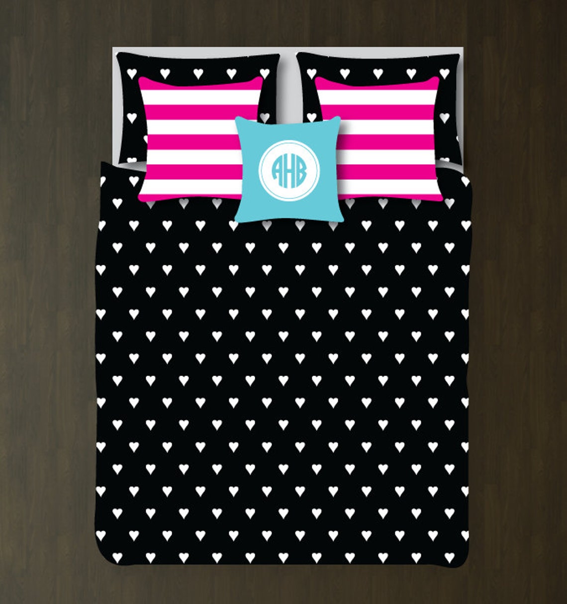 Tiny Hearts Bedding SetDuvet Cover and ShamsBlackAquaHot Etsy