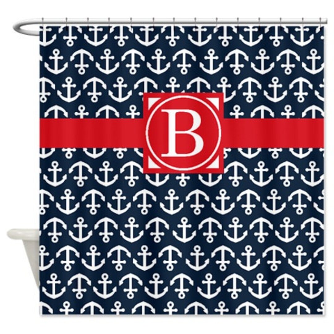 Preppy Nautical Shower Curtainanchorsmonogram Initialnavy Etsy