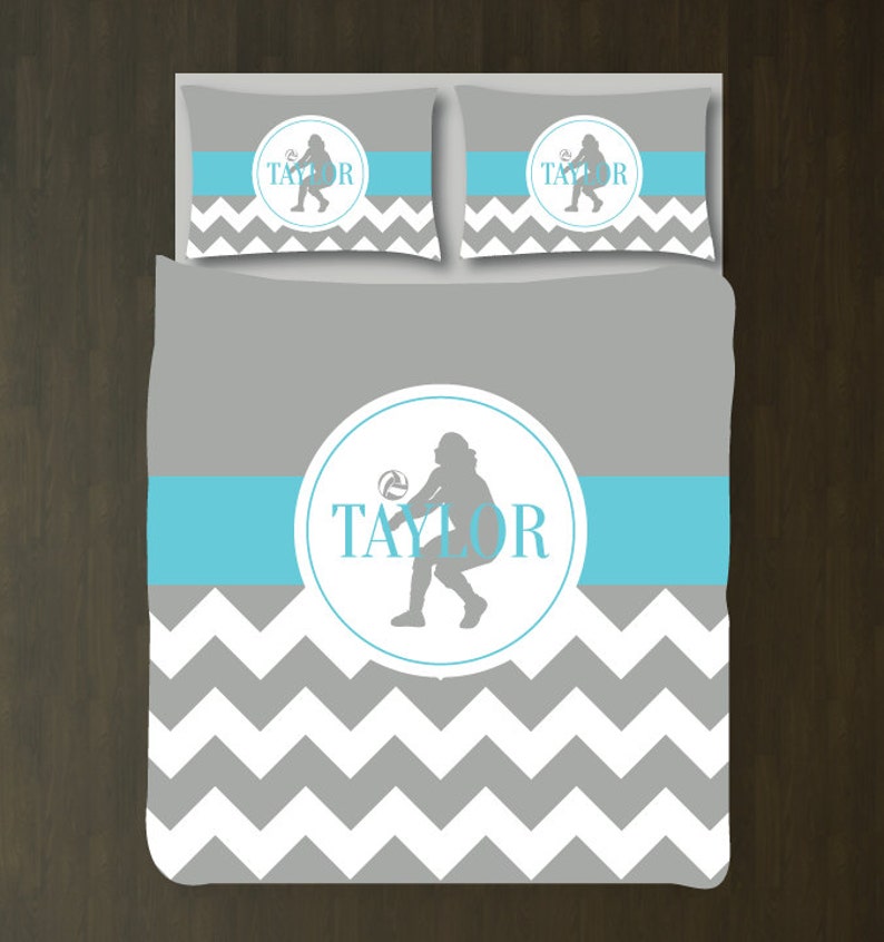 Monogrammed Name Grey Girl/'s Chevron Bedding Set King Size Aqua Volleyball Duvet Cover ANY Color White TwinTwin XL FullQueen