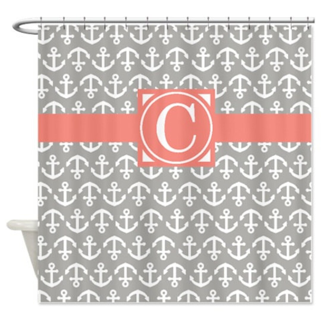 Preppy Nautical Shower Curtainanchorsmonogram Initialcoral Etsy