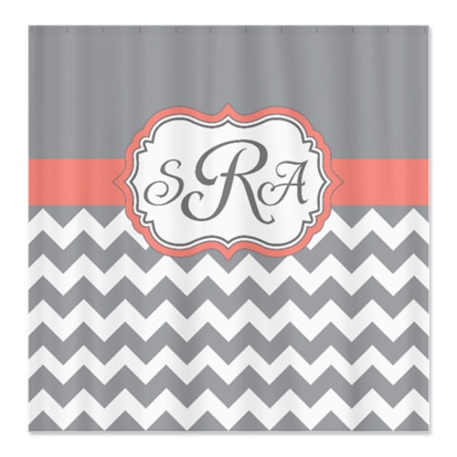 Coral Grey and White Chevron Shower Curtainpersonalized Etsy