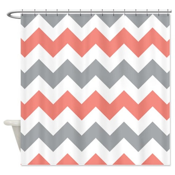 Chevron Shower Curtain Coral Grey And White Zig Zag Stripes Etsy