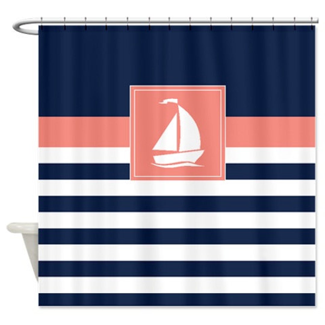 Nautical Shower Curtainpreppy Stripes With Sailboat Navy Etsy