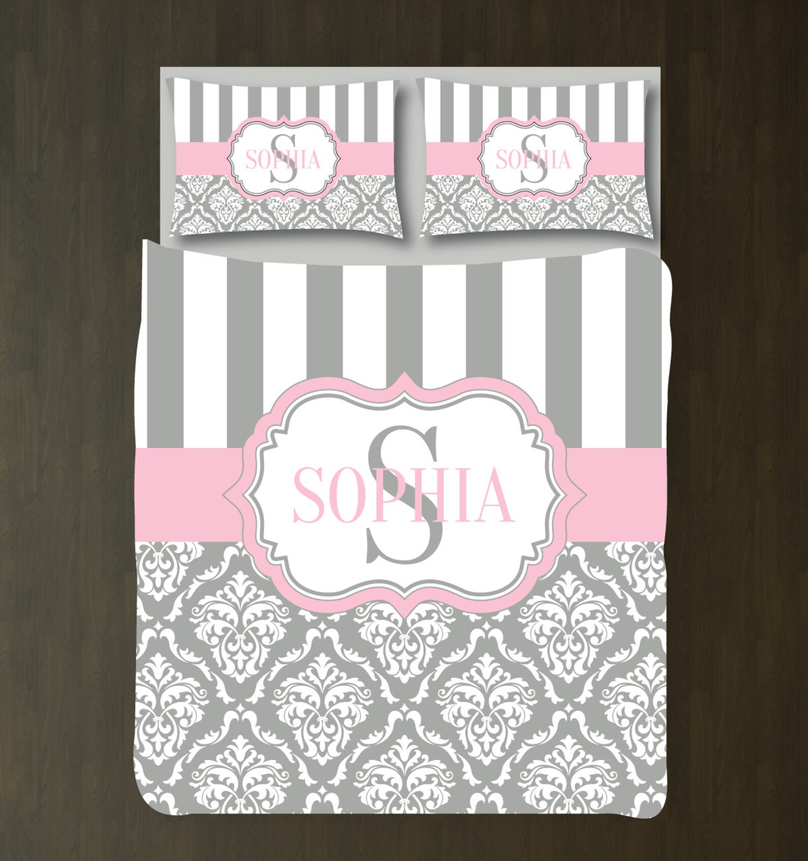 Damask Bedding Set W/stripesmonogrammed Namecustom Duvet Etsy