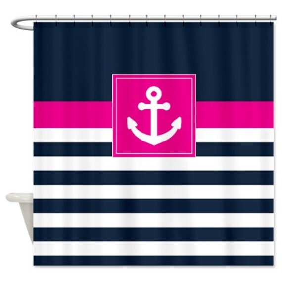 Nautical Shower Curtain Navy And White Stripes Hot Pink Image 0