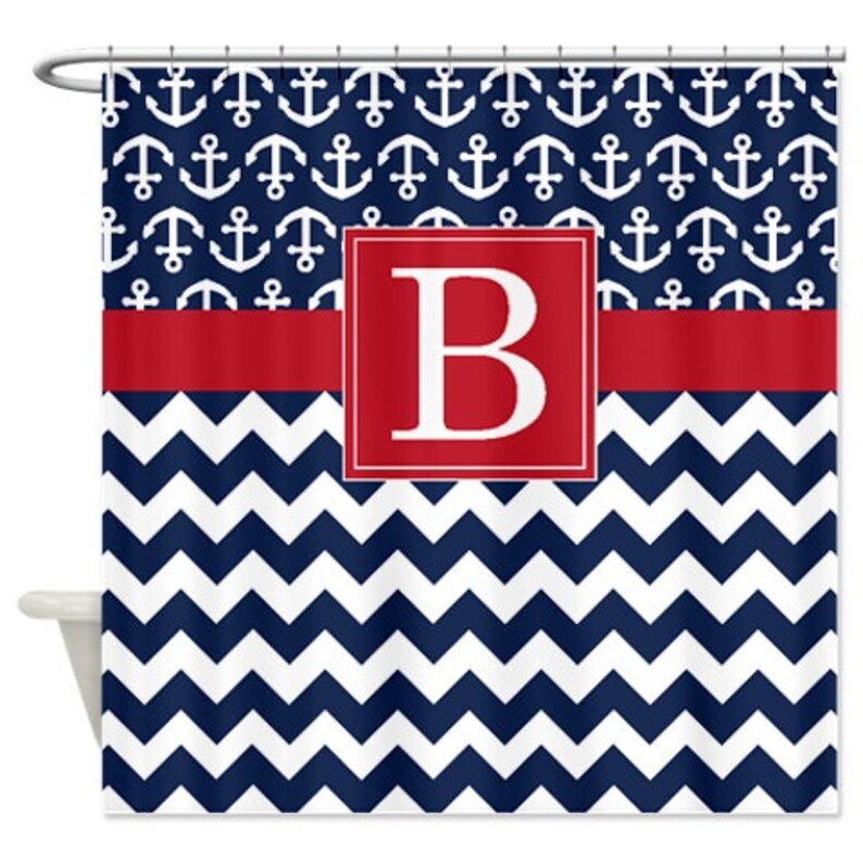 Nautical Shower Curtainnavywhite Chevronanchorsbrick Red Etsy