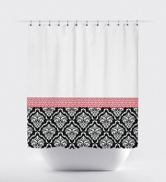 Damask And Greek Key Shower Curtain Red Black White Or Any Damask And Greek Key Shower Curtain Red, Greek Key Shower Curtain