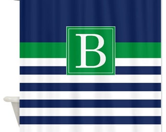 Custom Striped Shower Curtain-Personalized w/Monogram Initial-Navy Blue-Green-White OR Choose Colors-Standard or Extra Long-Preppy Bathroom