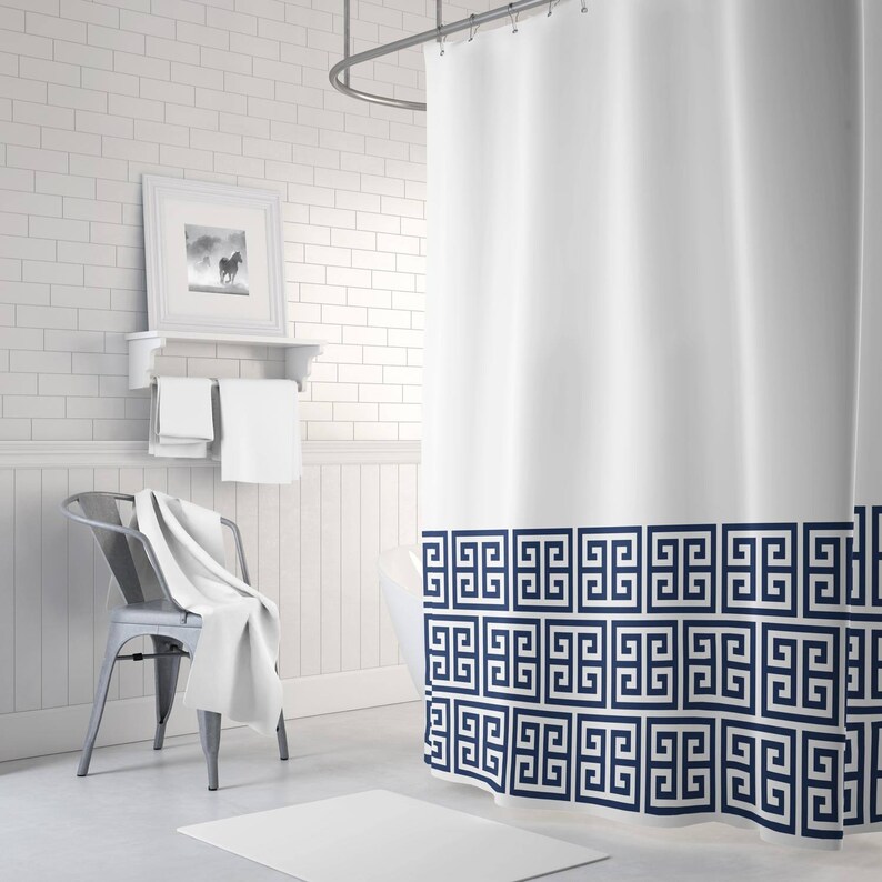 Greek Key Shower Curtain Navy Blue And White Or Any Colors Standard Extra Long Sizes Custom Home Decor Preppy Bathroom