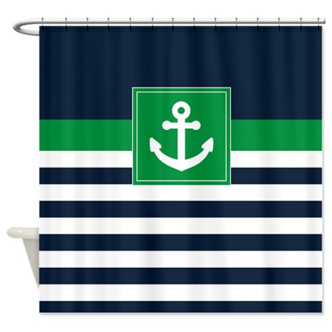 Nautical Shower Curtainnavy and White Stripesgreen Etsy