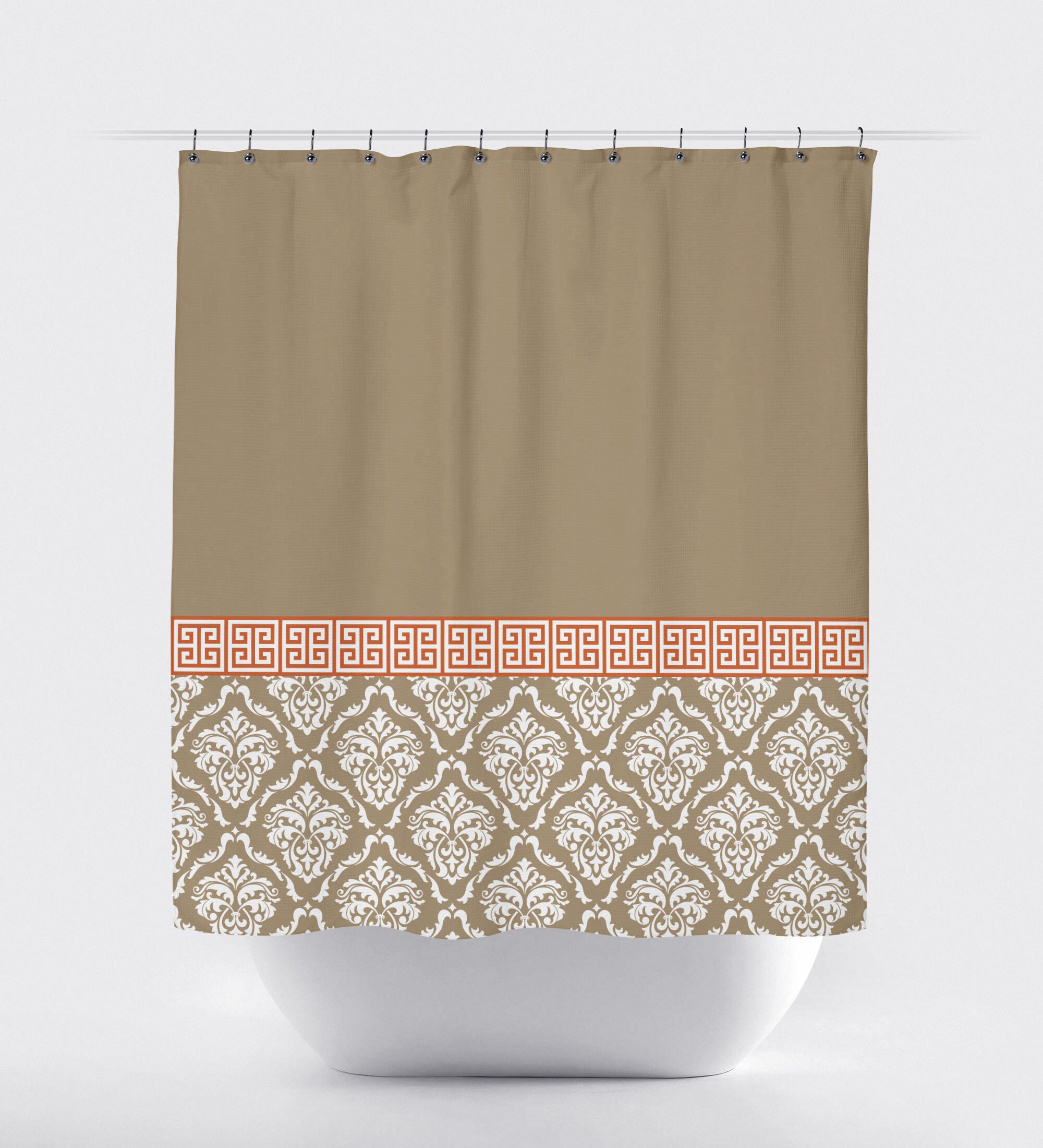 Damask and Greek Key Shower Curtain Grey Coral White OR Etsy