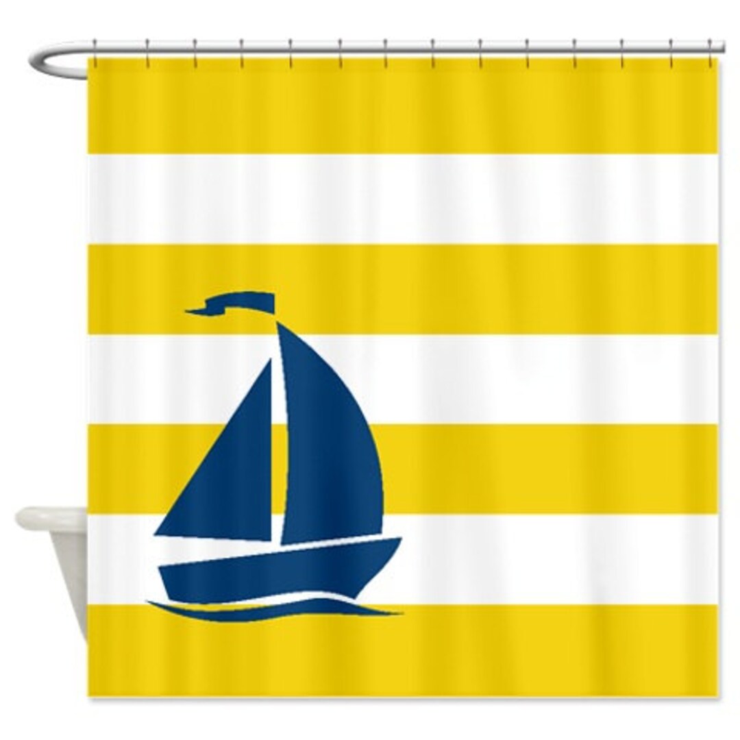 Nautical Shower Curtainyellow and White Stripesmonaco Blue Etsy